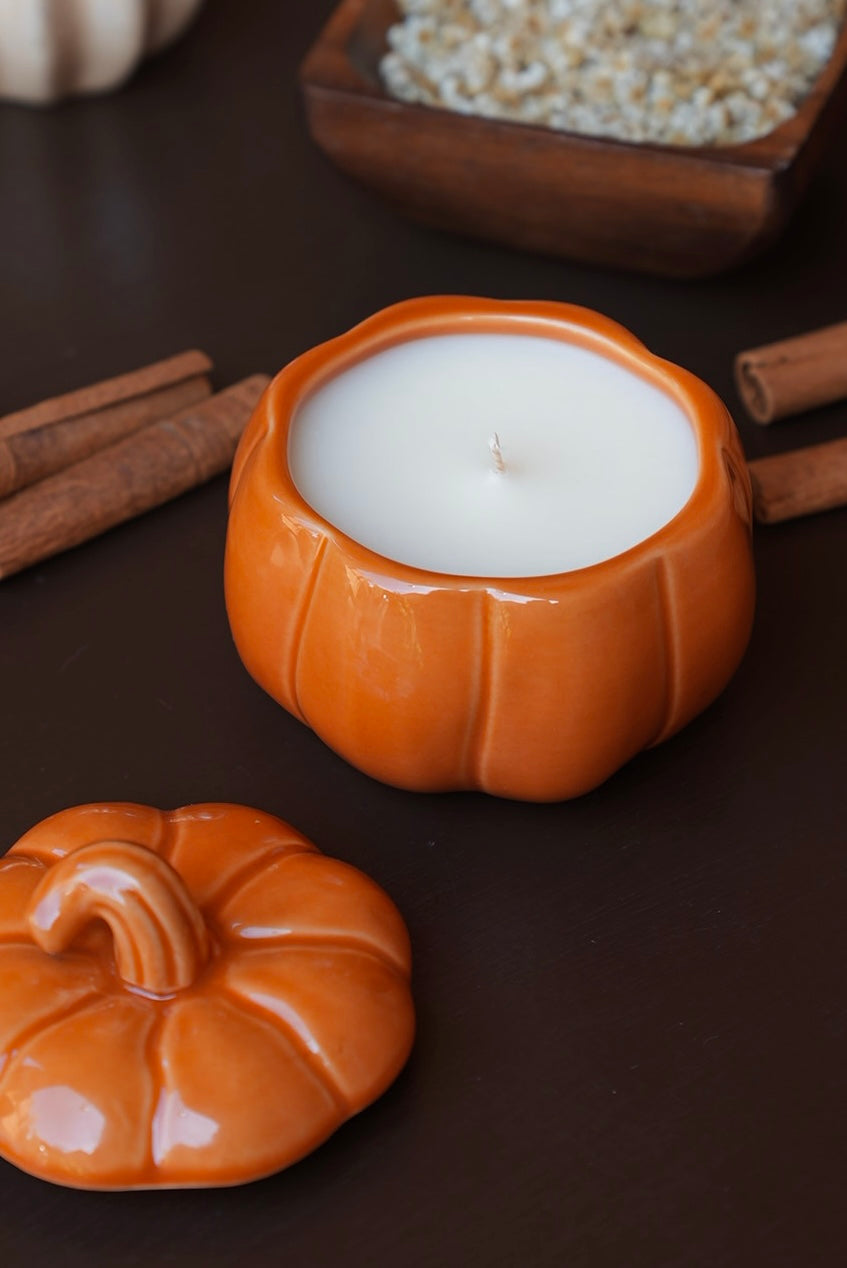 Orange Pumpkin Fall Candle | Ceramic Jar with lid 7 oz